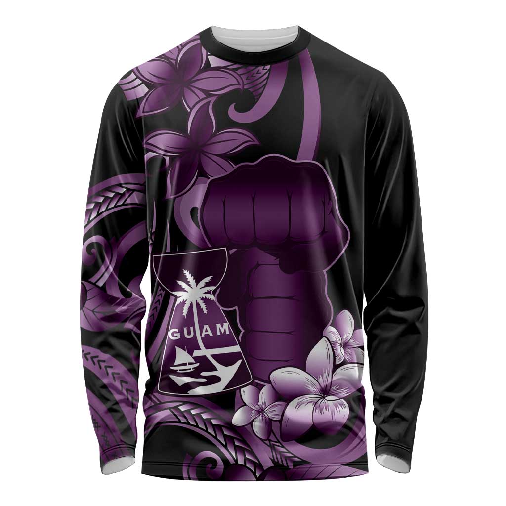 Purple Hafa Adai Guam Long Sleeve Shirt Chamorro Latte Stone Hand With Plumeria