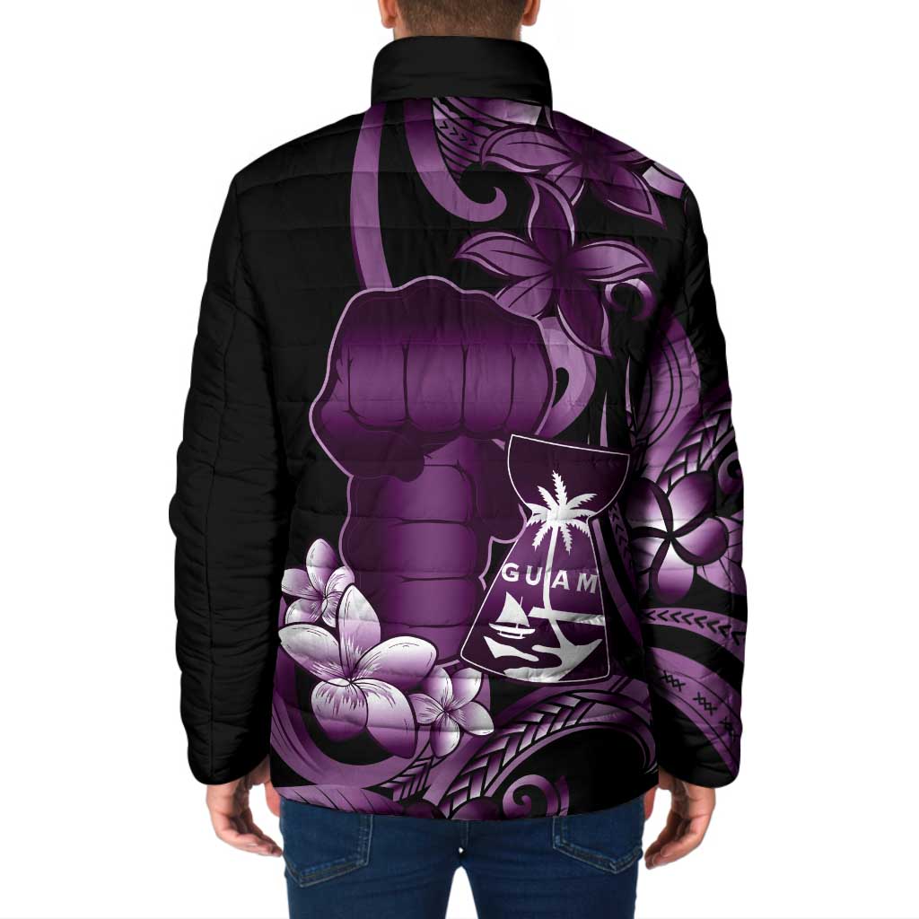 Purple Hafa Adai Guam Padded Jacket Chamorro Latte Stone Hand With Plumeria - Polynesian Pride