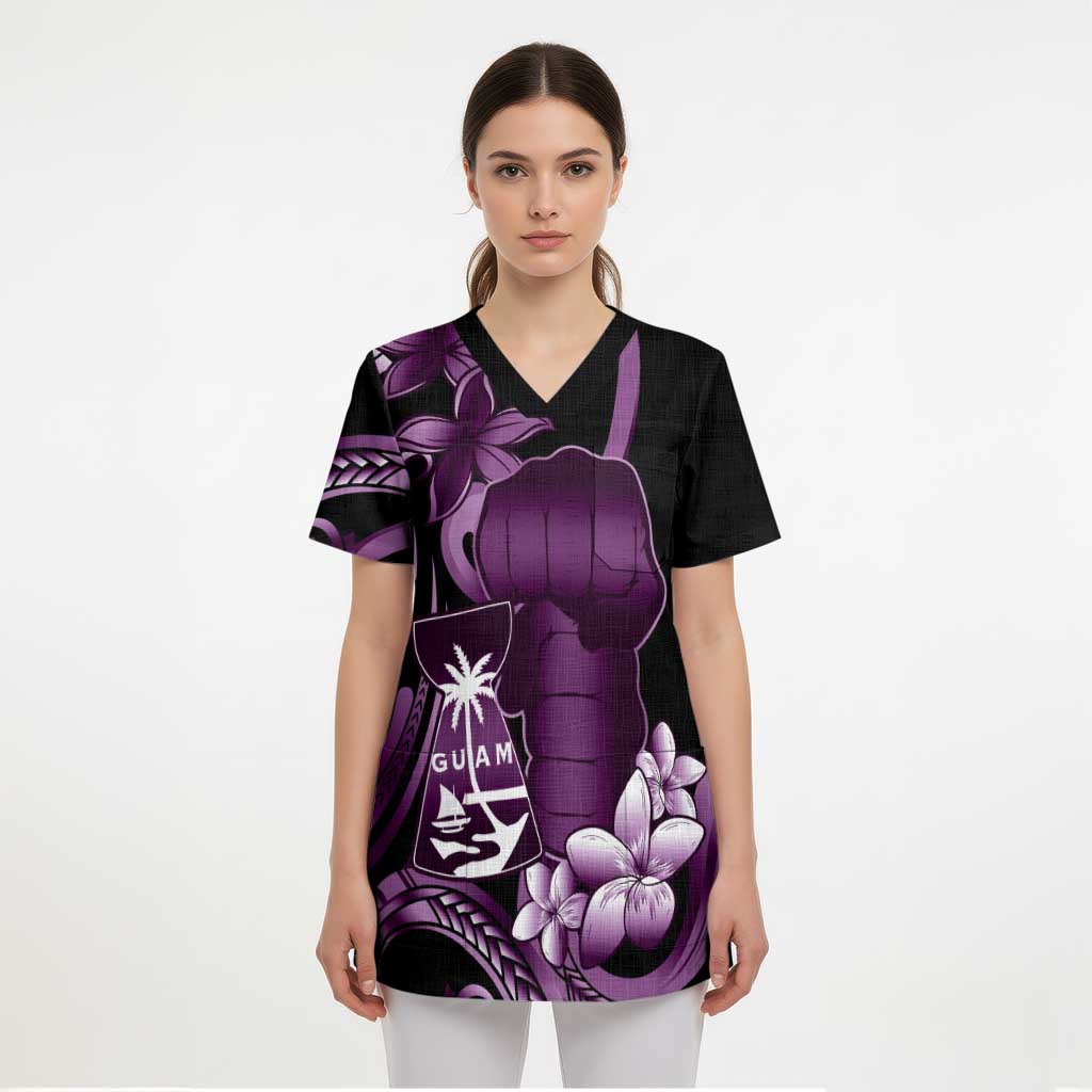 Purple Hafa Adai Guam Scrub Top Chamorro Latte Stone Hand With Plumeria - Polynesian Pride