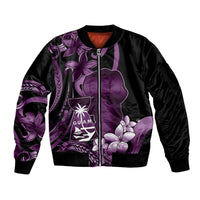 Purple Hafa Adai Guam Sleeve Zip Bomber Jacket Chamorro Latte Stone Hand With Plumeria