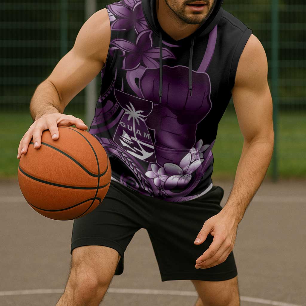 Purple Hafa Adai Guam Sleeveless Hoodie Chamorro Latte Stone Hand With Plumeria - Polynesian Pride