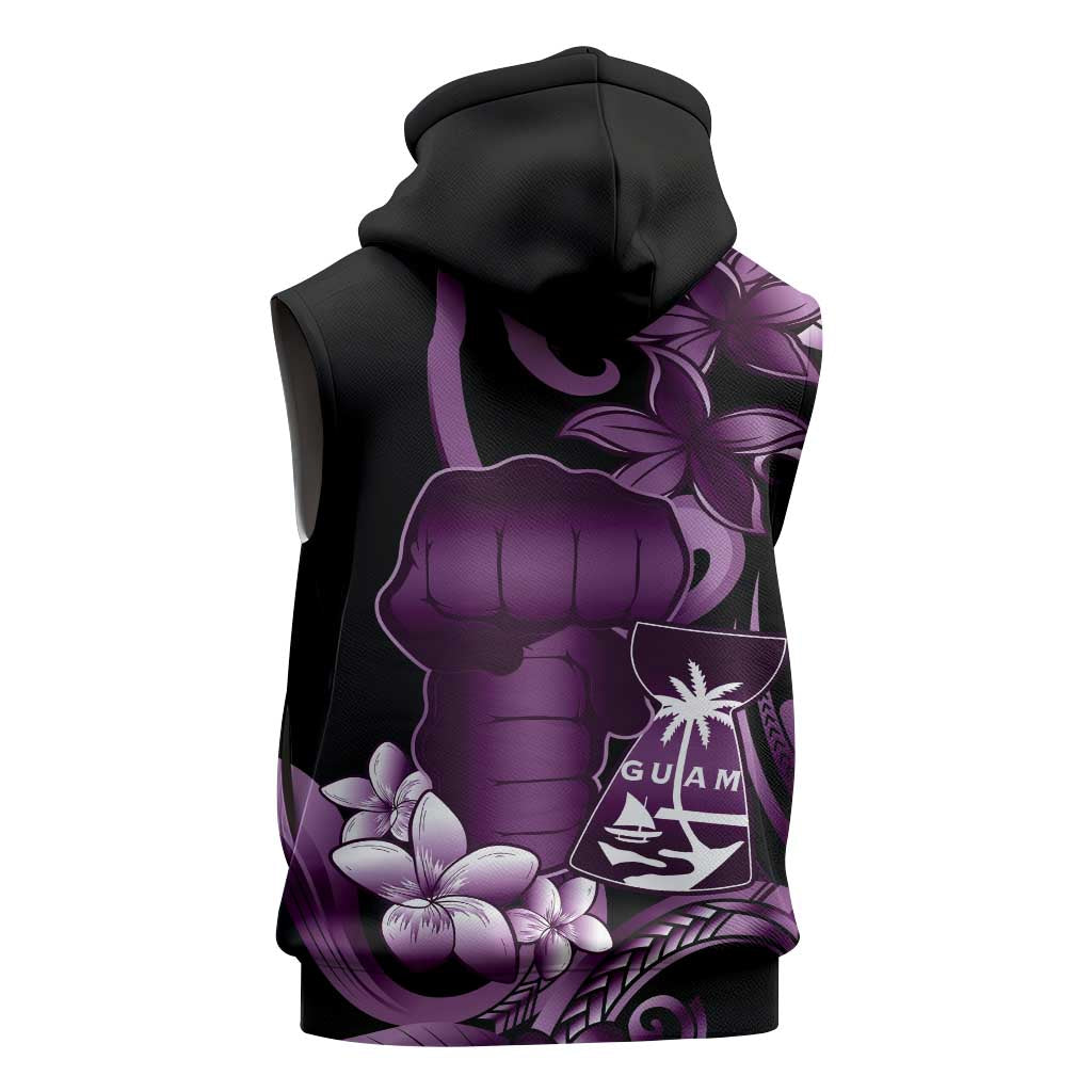 Purple Hafa Adai Guam Sleeveless Zip Hoodie Chamorro Latte Stone Hand With Plumeria - Polynesian Pride