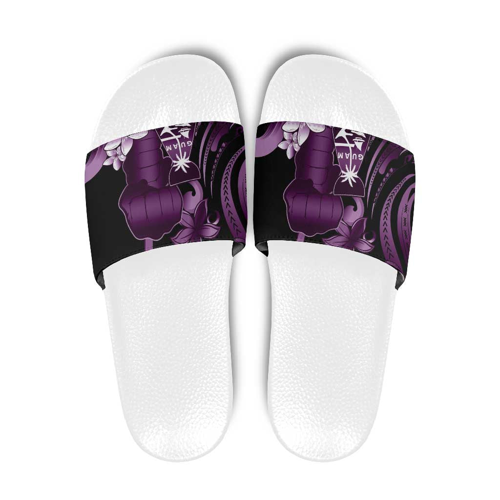 Purple Hafa Adai Guam Slide Sandals Chamorro Latte Stone Hand With Plumeria - Polynesian Pride
