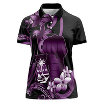 Purple Hafa Adai Guam Women Polo Shirt Chamorro Latte Stone Hand With Plumeria