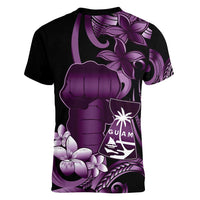 Purple Hafa Adai Guam Women V-Neck T-Shirt Chamorro Latte Stone Hand With Plumeria