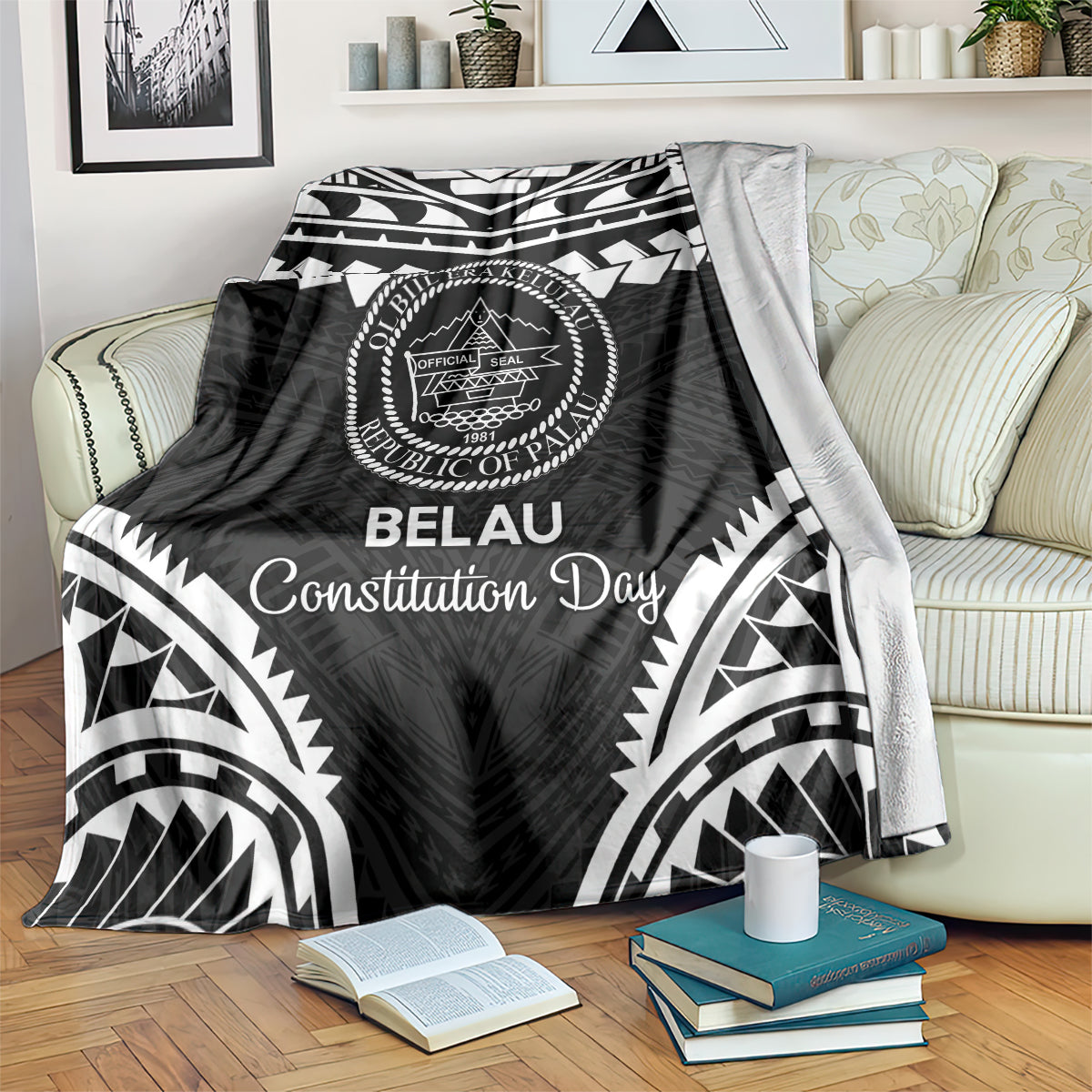Palau Constitution Day Blanket Belau Seal With Polynesian Pattern - Black LT14 Black - Polynesian Pride