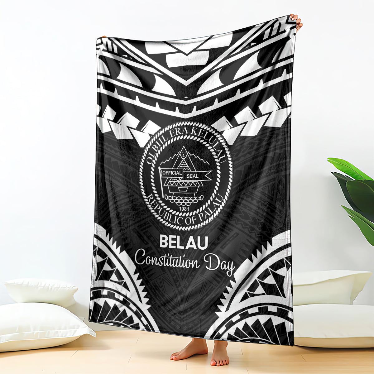 Palau Constitution Day Blanket Belau Seal With Polynesian Pattern - Black LT14 - Polynesian Pride