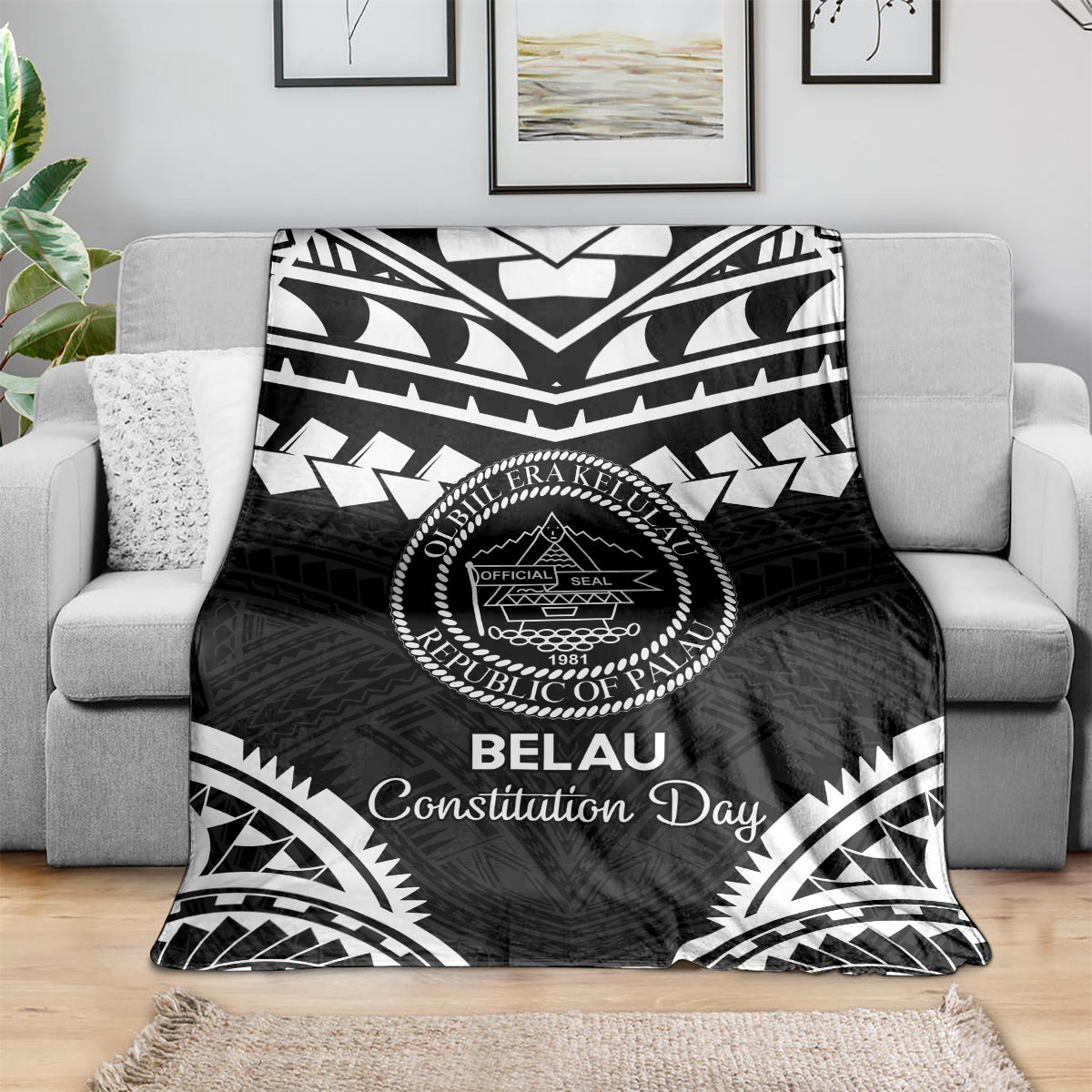 Palau Constitution Day Blanket Belau Seal With Polynesian Pattern - Black LT14 - Polynesian Pride