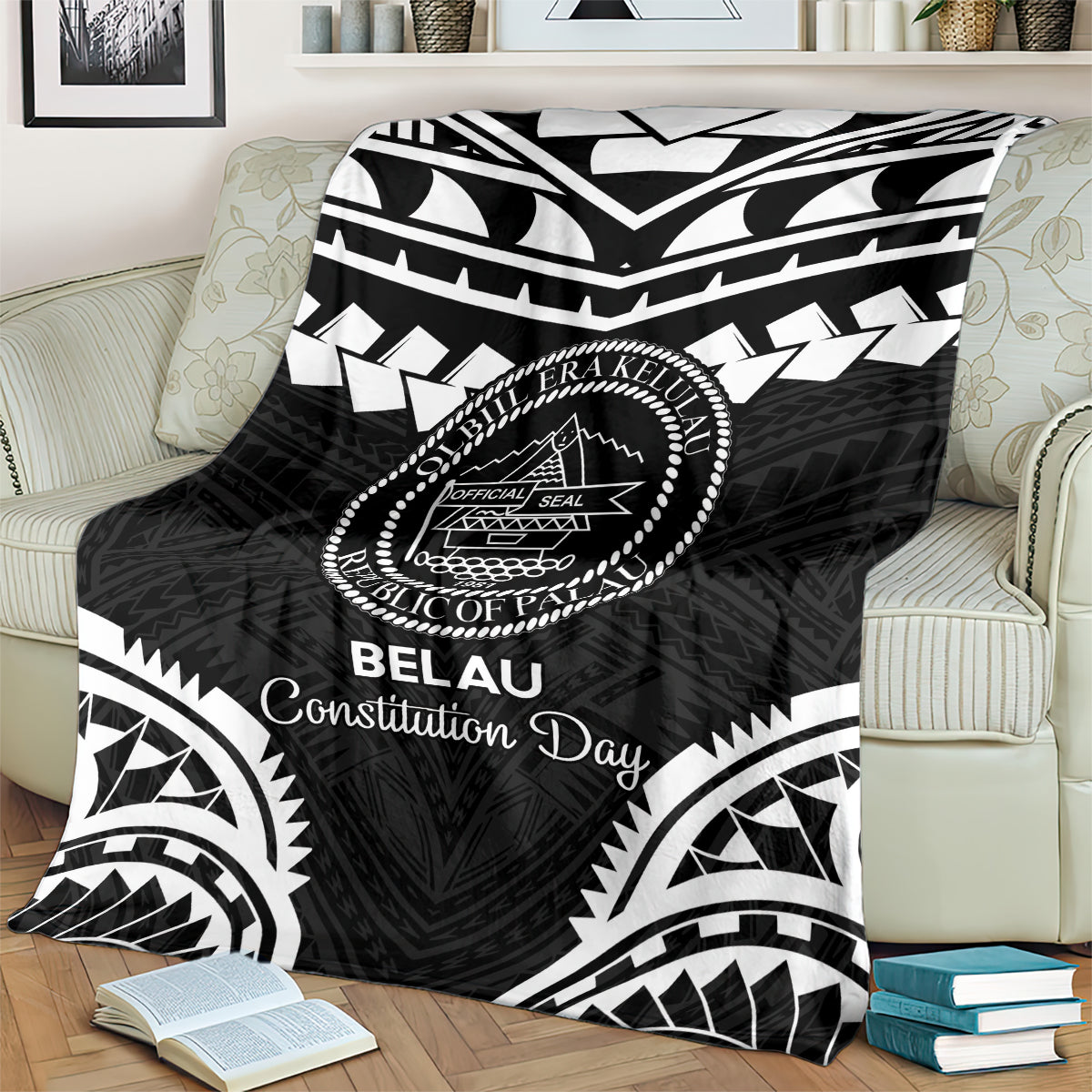 Palau Constitution Day Blanket Belau Seal With Polynesian Pattern - Black LT14 - Polynesian Pride
