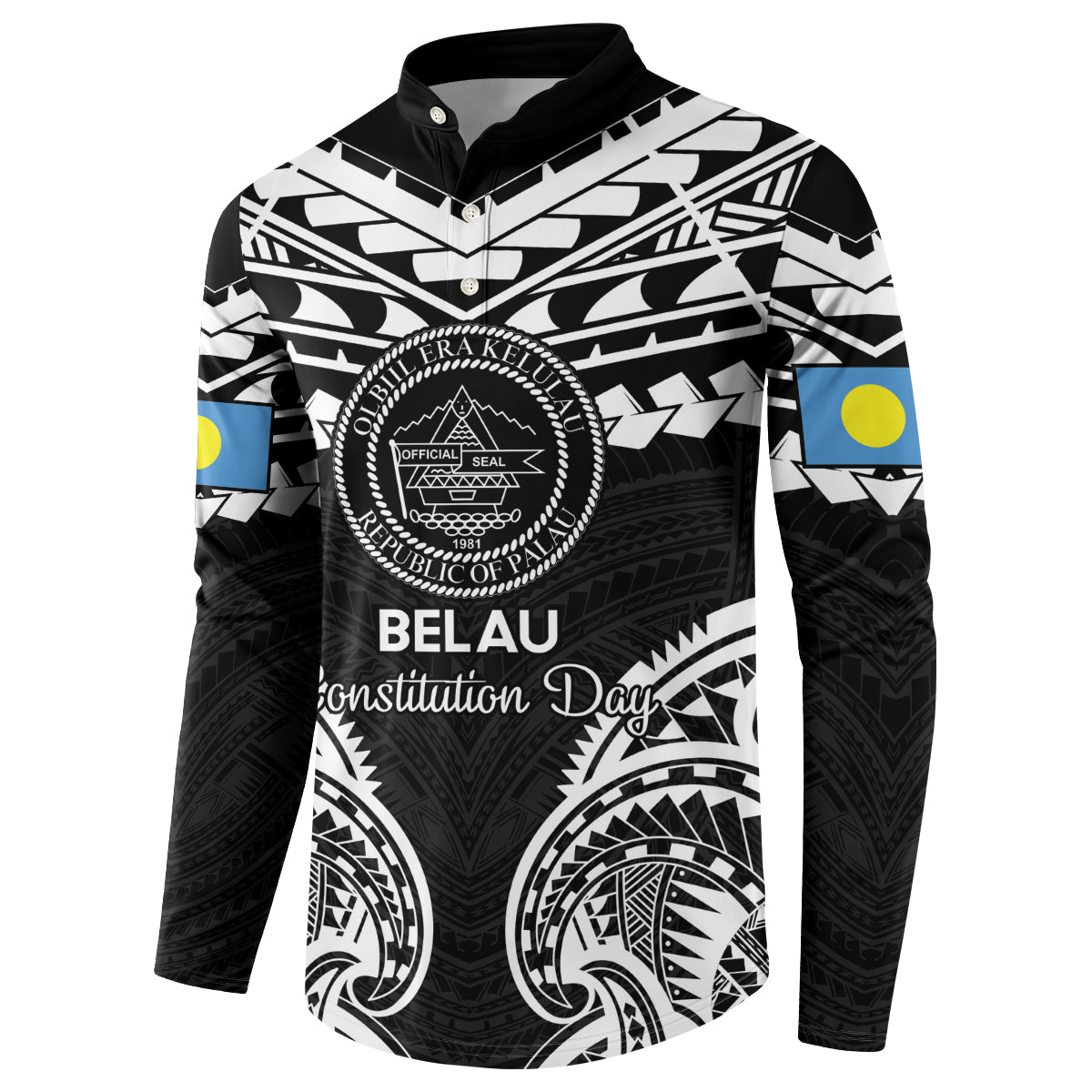 Palau Constitution Day Button Sweatshirt Belau Seal With Polynesian Pattern - Black LT14 - Polynesian Pride