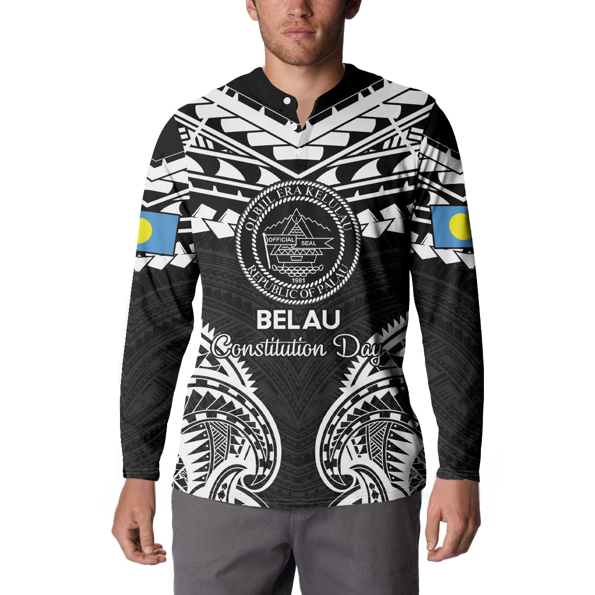 Palau Constitution Day Button Sweatshirt Belau Seal With Polynesian Pattern - Black LT14 - Polynesian Pride