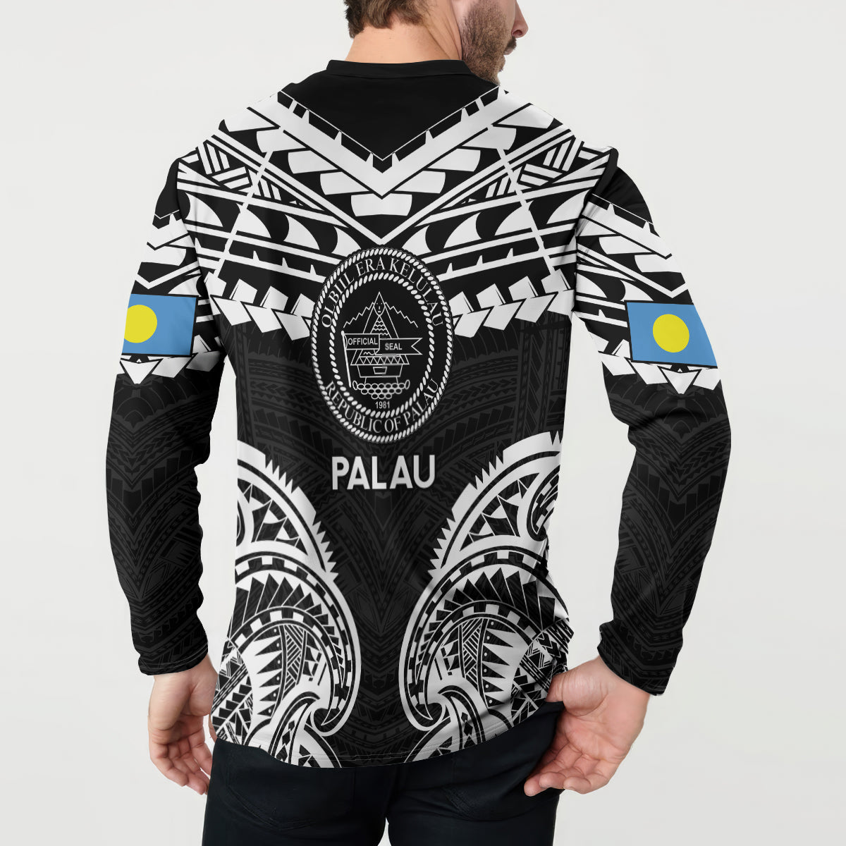 Palau Constitution Day Button Sweatshirt Belau Seal With Polynesian Pattern - Black LT14 - Polynesian Pride