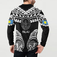 Palau Constitution Day Button Sweatshirt Belau Seal With Polynesian Pattern - Black LT14 - Polynesian Pride