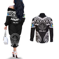 Palau Constitution Day Couples Matching Off The Shoulder Long Sleeve Dress and Long Sleeve Button Shirt Belau Seal With Polynesian Pattern - Black LT14 - Polynesian Pride
