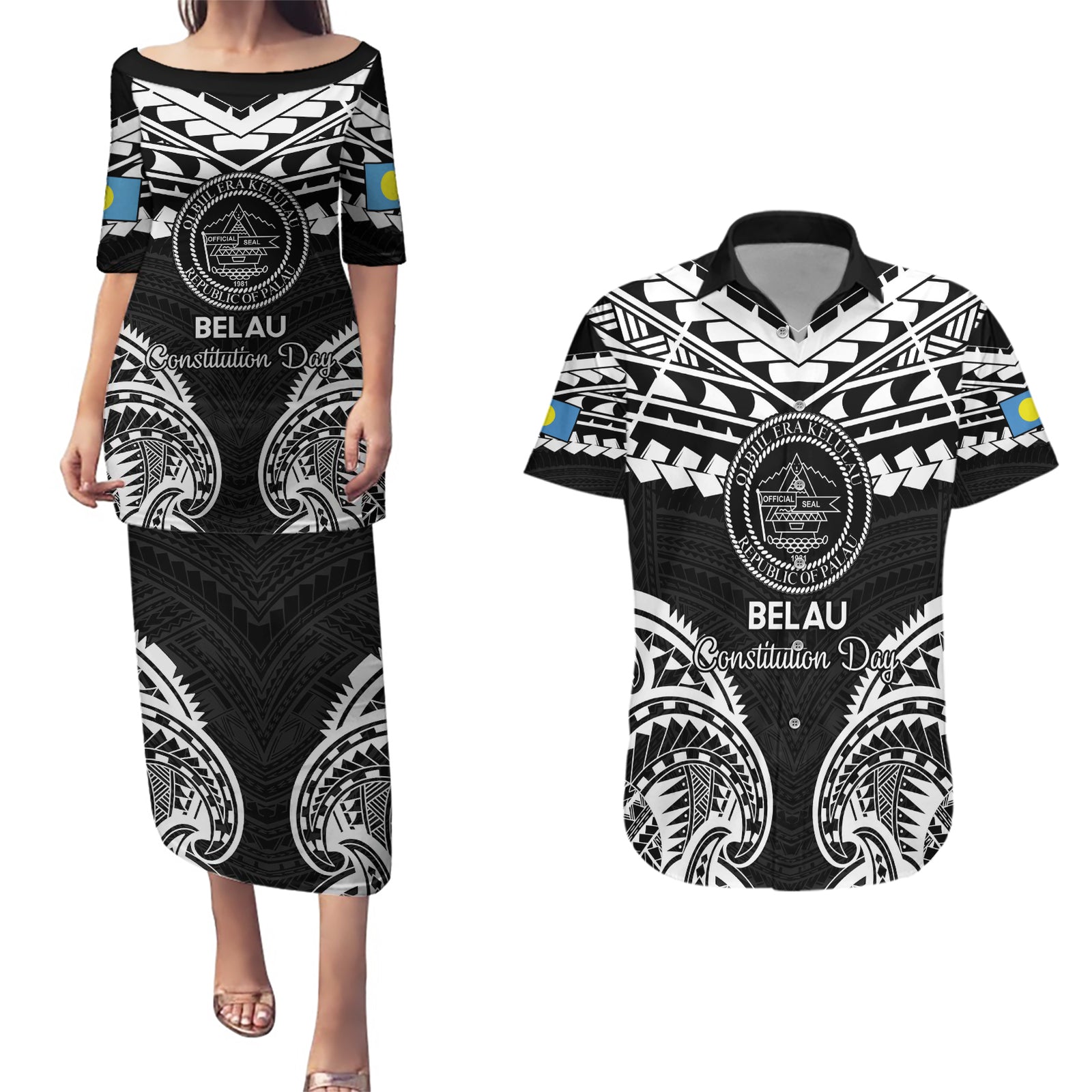 Palau Constitution Day Couples Matching Puletasi and Hawaiian Shirt Belau Seal With Polynesian Pattern - Black
