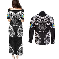 Palau Constitution Day Couples Matching Puletasi and Long Sleeve Button Shirt Belau Seal With Polynesian Pattern - Black