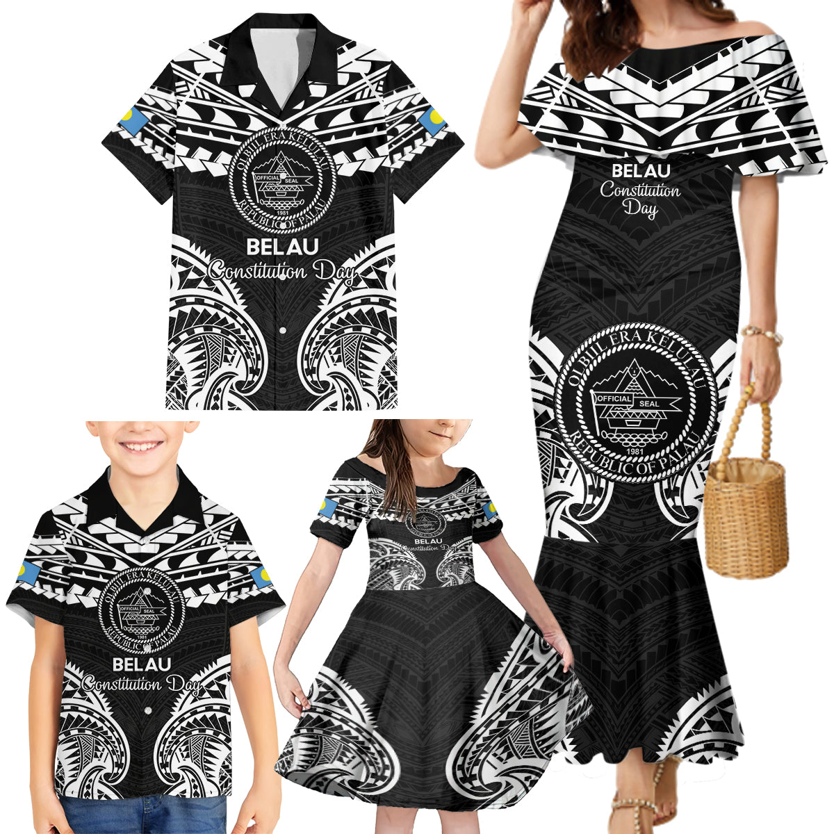 Palau Constitution Day Family Matching Mermaid Dress and Hawaiian Shirt Belau Seal With Polynesian Pattern - Black LT14 - Polynesian Pride