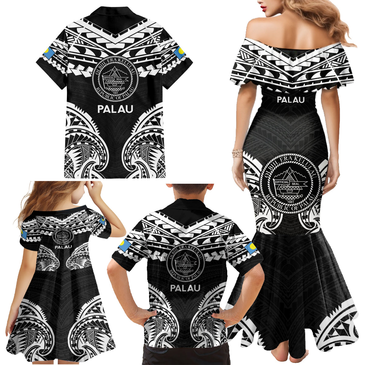 Palau Constitution Day Family Matching Mermaid Dress and Hawaiian Shirt Belau Seal With Polynesian Pattern - Black LT14 - Polynesian Pride