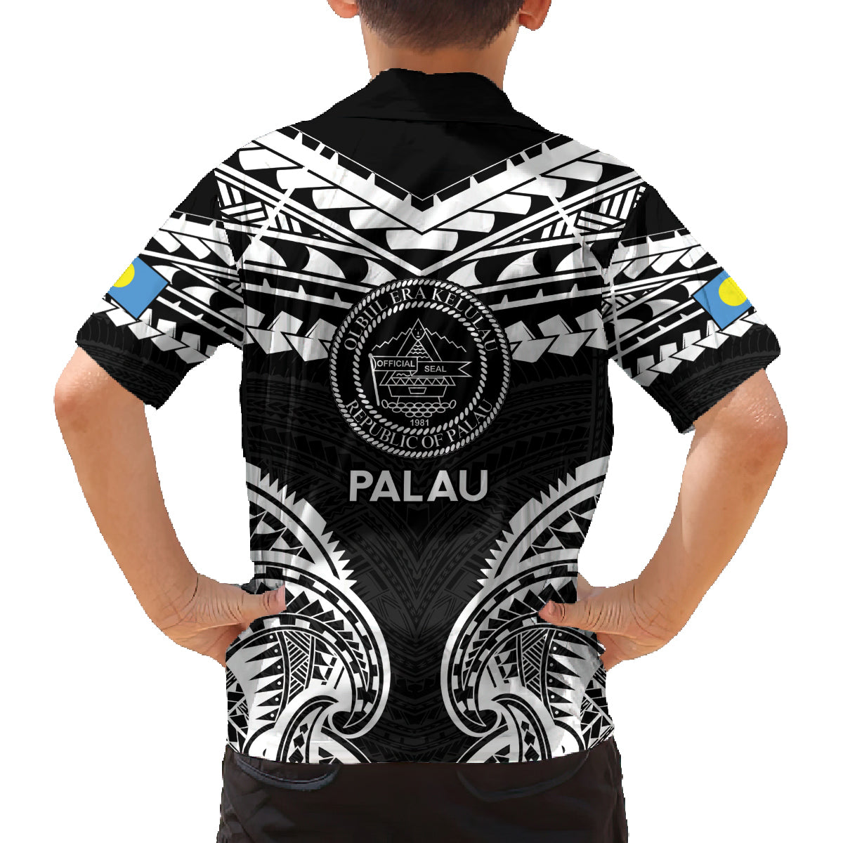 Palau Constitution Day Family Matching Off Shoulder Maxi Dress and Hawaiian Shirt Belau Seal With Polynesian Pattern - Black LT14 - Polynesian Pride