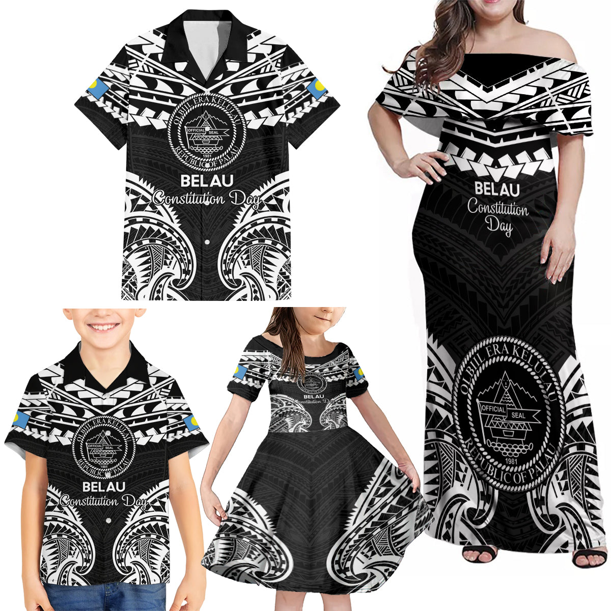 Palau Constitution Day Family Matching Off Shoulder Maxi Dress and Hawaiian Shirt Belau Seal With Polynesian Pattern - Black LT14 - Polynesian Pride