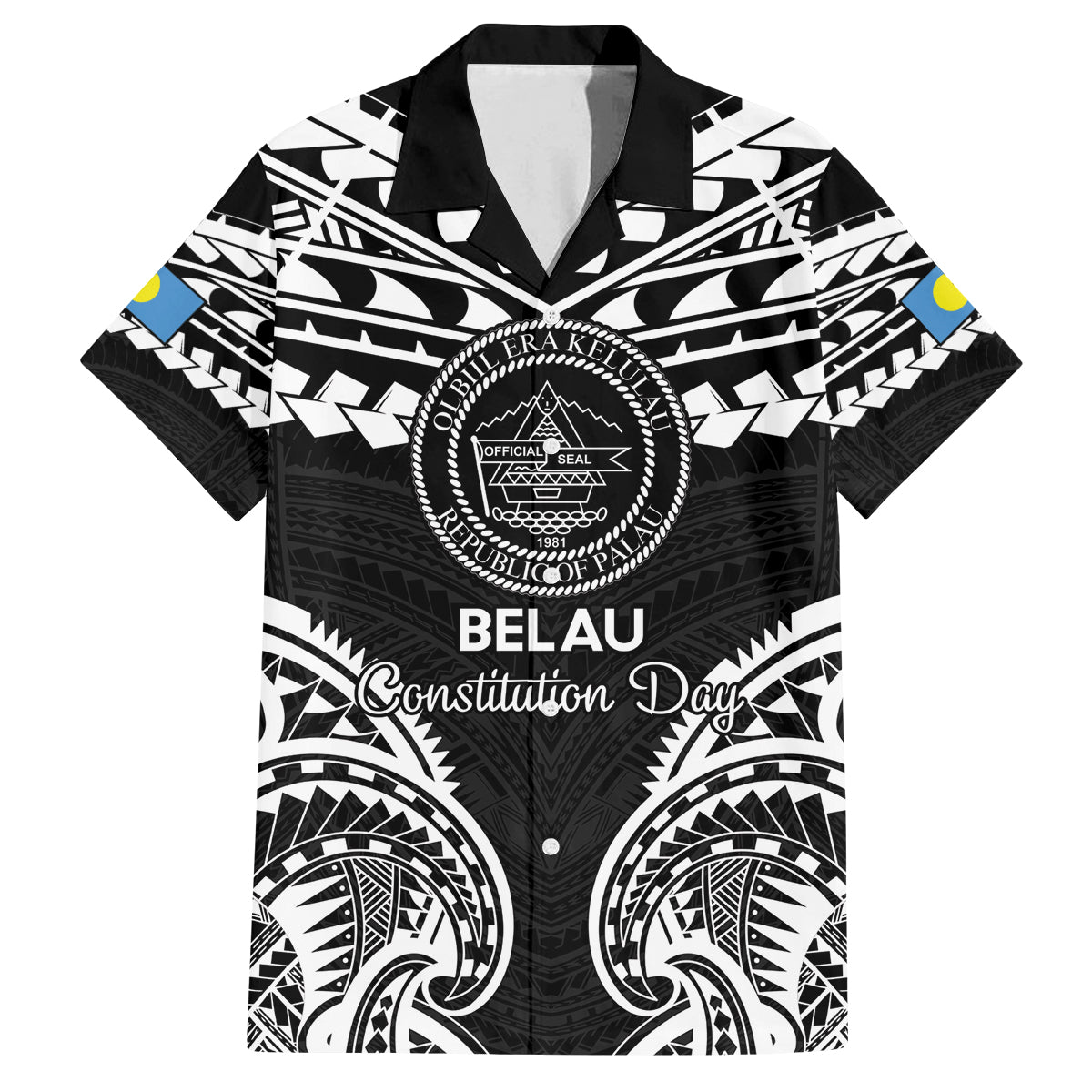Palau Constitution Day Family Matching Off Shoulder Maxi Dress and Hawaiian Shirt Belau Seal With Polynesian Pattern - Black LT14 Dad's Shirt - Short Sleeve Black - Polynesian Pride