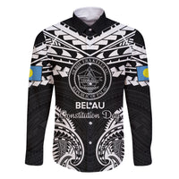 Palau Constitution Day Family Matching Off Shoulder Maxi Dress and Hawaiian Shirt Belau Seal With Polynesian Pattern - Black LT14 Dad's Shirt - Long Sleeve Black - Polynesian Pride