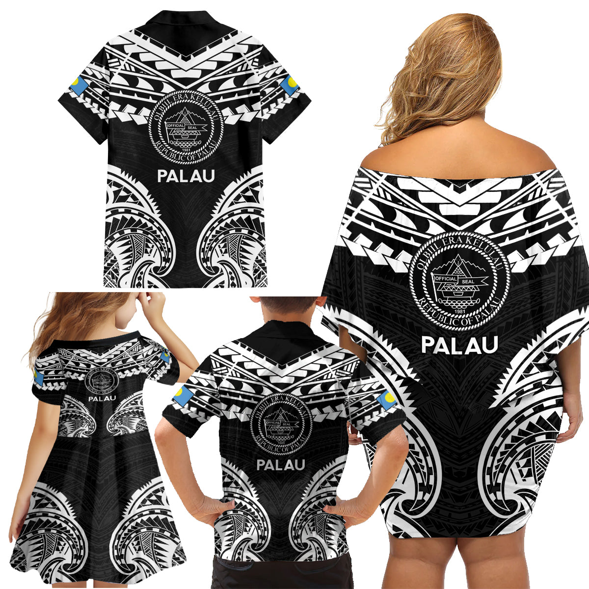 Palau Constitution Day Family Matching Off Shoulder Short Dress and Hawaiian Shirt Belau Seal With Polynesian Pattern - Black LT14 - Polynesian Pride