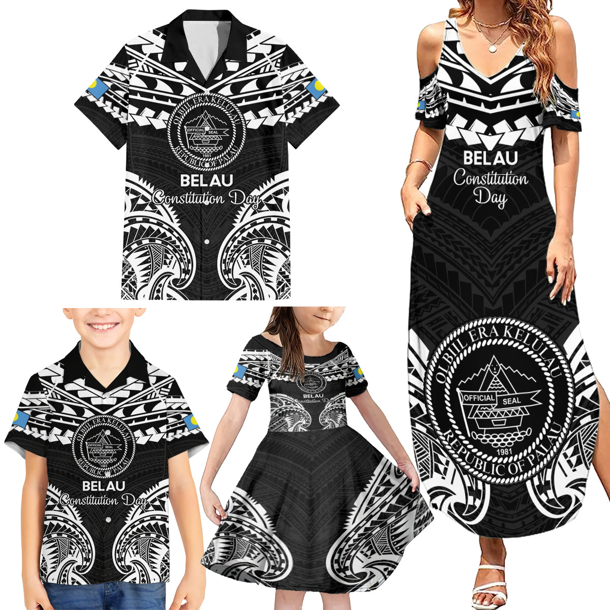 Palau Constitution Day Family Matching Summer Maxi Dress and Hawaiian Shirt Belau Seal With Polynesian Pattern - Black LT14 - Polynesian Pride