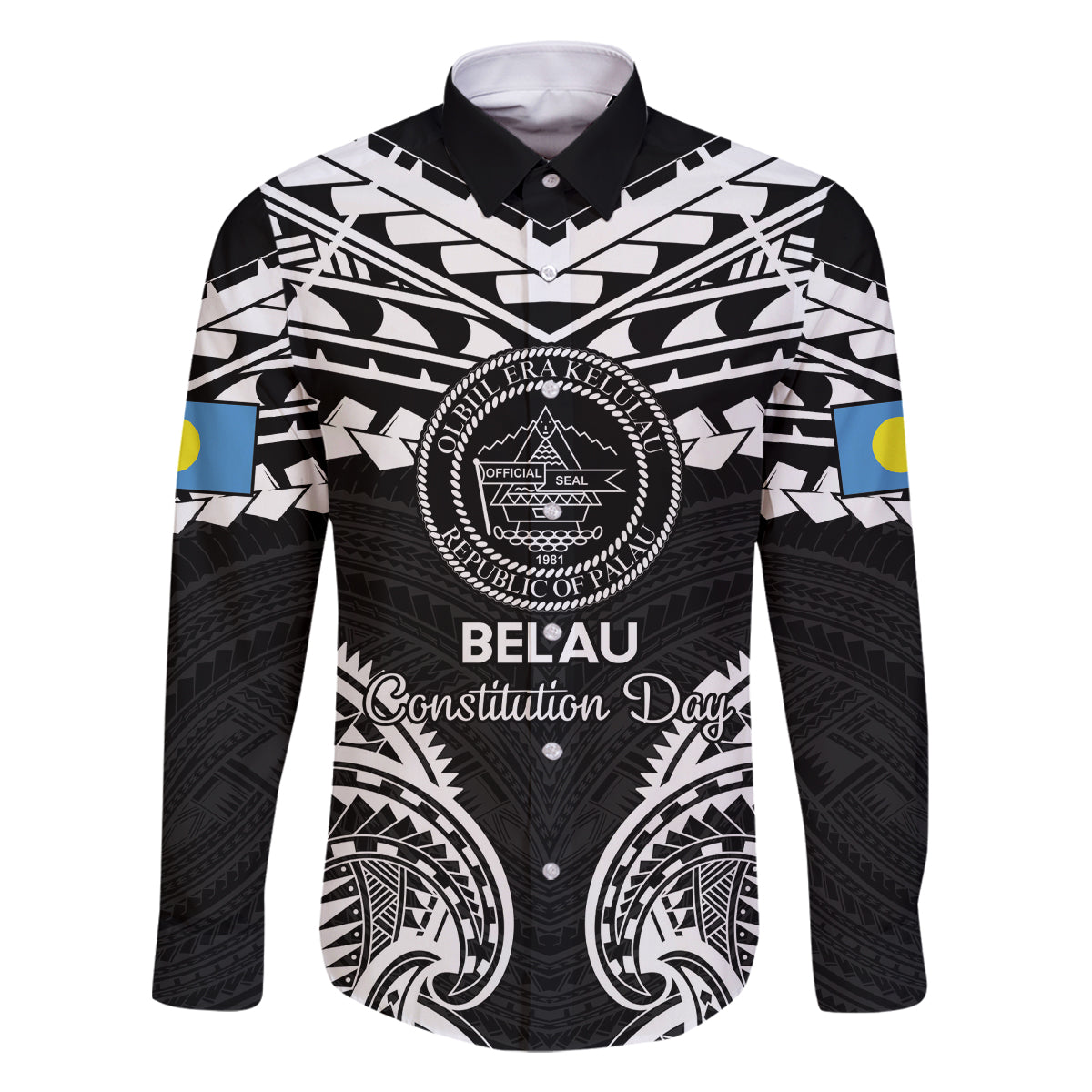 Palau Constitution Day Family Matching Summer Maxi Dress and Hawaiian Shirt Belau Seal With Polynesian Pattern - Black LT14 Dad's Shirt - Long Sleeve Black - Polynesian Pride
