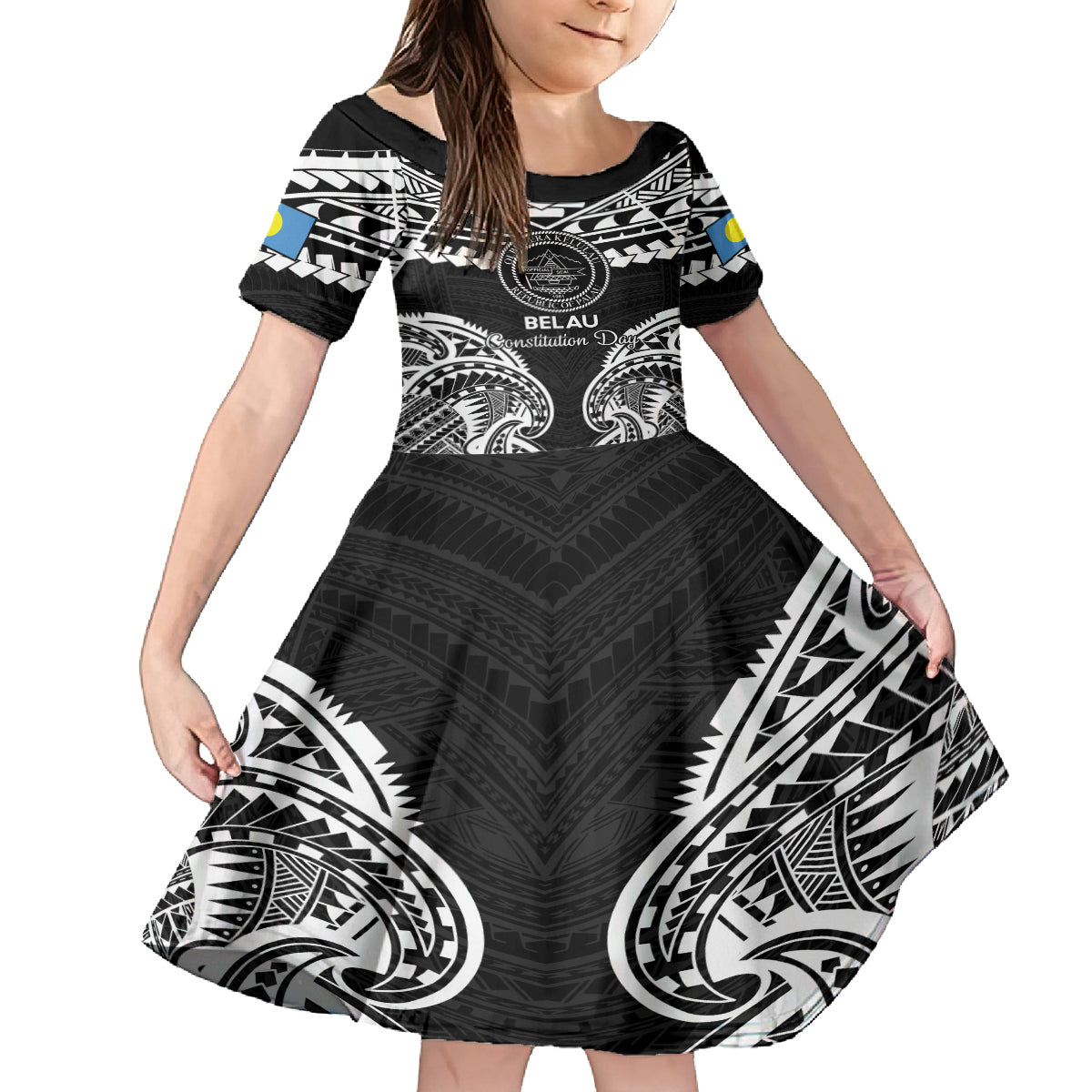 Palau Constitution Day Family Matching Tank Maxi Dress and Hawaiian Shirt Belau Seal With Polynesian Pattern - Black LT14 Daughter's Dress Black - Polynesian Pride