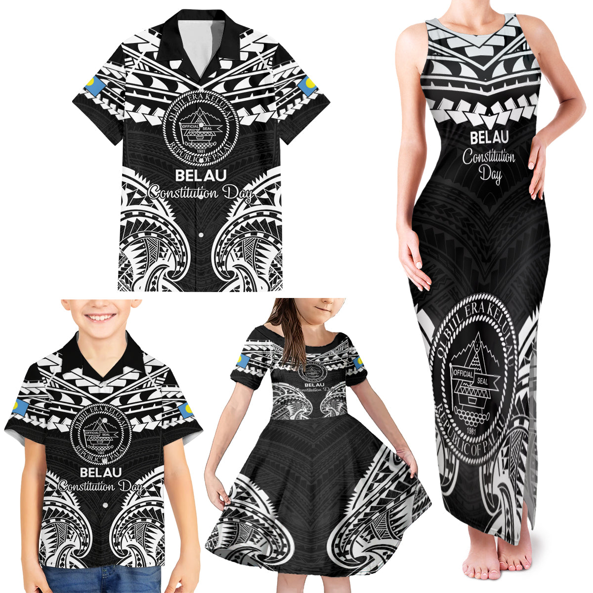 Palau Constitution Day Family Matching Tank Maxi Dress and Hawaiian Shirt Belau Seal With Polynesian Pattern - Black LT14 - Polynesian Pride