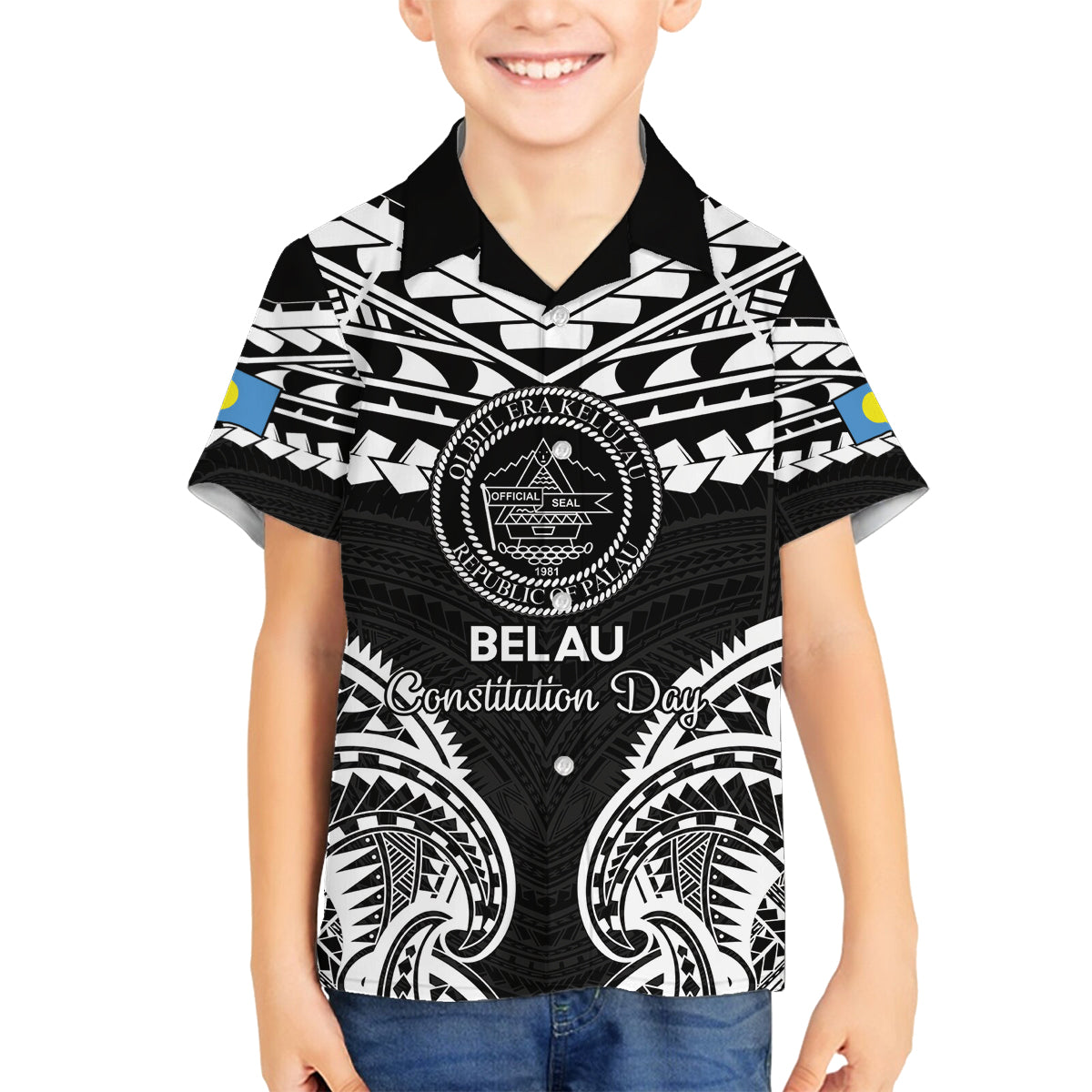 Palau Constitution Day Family Matching Tank Maxi Dress and Hawaiian Shirt Belau Seal With Polynesian Pattern - Black LT14 Son's Shirt Black - Polynesian Pride