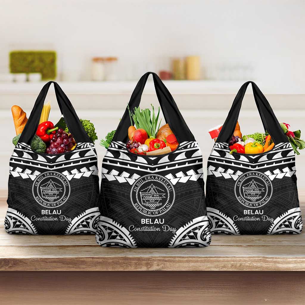 Palau Constitution Day Grocery Bag Belau Seal With Polynesian Pattern - Black LT14 3-pack One Size Black - Polynesian Pride