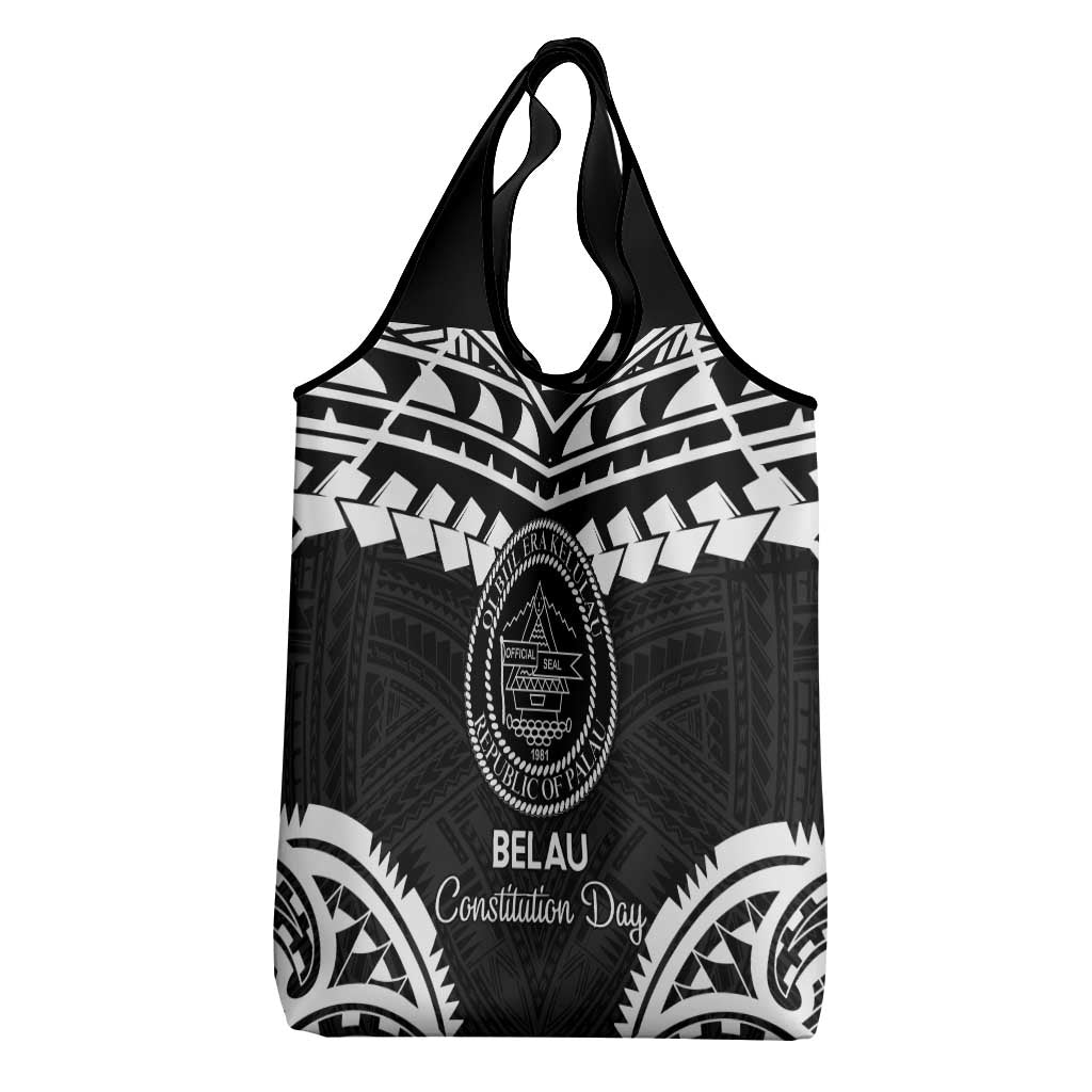 Palau Constitution Day Grocery Bag Belau Seal With Polynesian Pattern - Black LT14 - Polynesian Pride