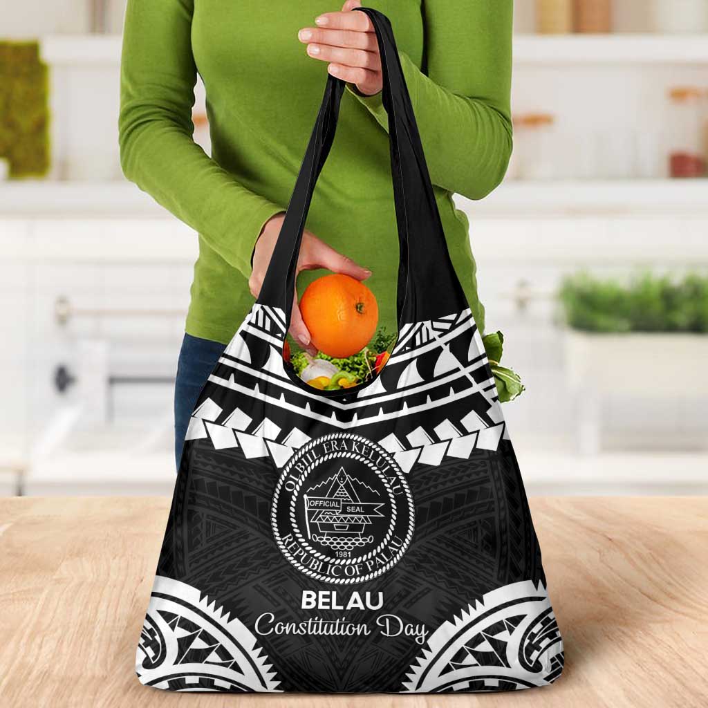 Palau Constitution Day Grocery Bag Belau Seal With Polynesian Pattern - Black LT14 - Polynesian Pride