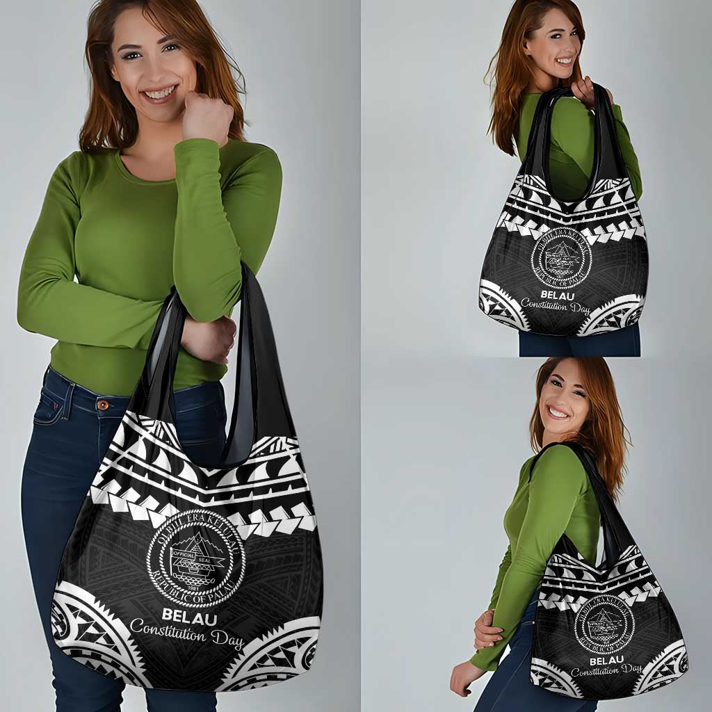 Palau Constitution Day Grocery Bag Belau Seal With Polynesian Pattern - Black LT14 - Polynesian Pride