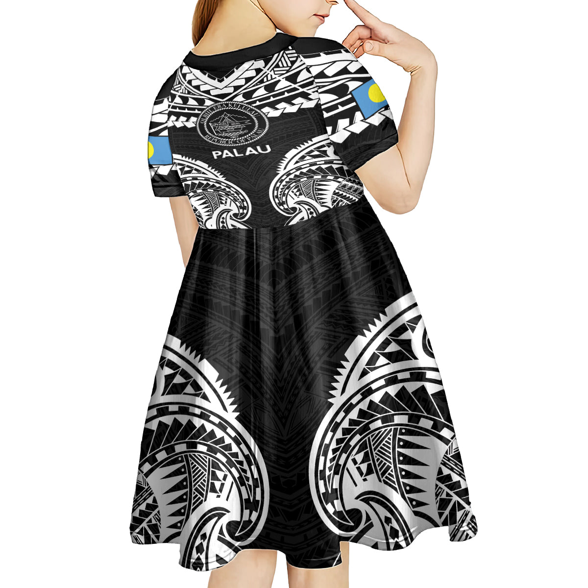 Palau Constitution Day Kid Short Sleeve Dress Belau Seal With Polynesian Pattern - Black LT14 - Polynesian Pride
