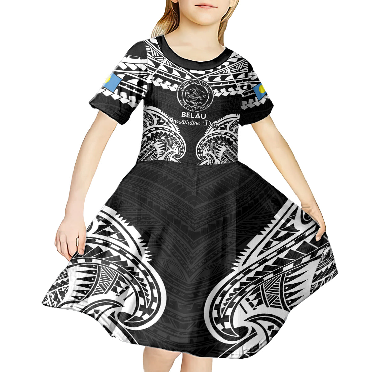 Palau Constitution Day Kid Short Sleeve Dress Belau Seal With Polynesian Pattern - Black LT14 - Polynesian Pride