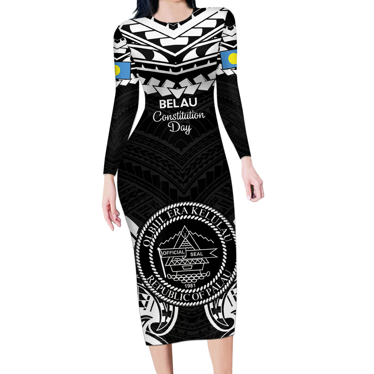 Palau Constitution Day Long Sleeve Bodycon Dress Belau Seal With Polynesian Pattern - Black LT14 Long Dress Black - Polynesian Pride