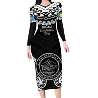 Palau Constitution Day Long Sleeve Bodycon Dress Belau Seal With Polynesian Pattern - Black LT14 Long Dress Black - Polynesian Pride