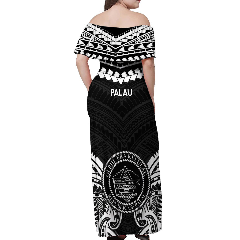 Palau Constitution Day Off Shoulder Maxi Dress Belau Seal With Polynesian Pattern - Black LT14 - Polynesian Pride
