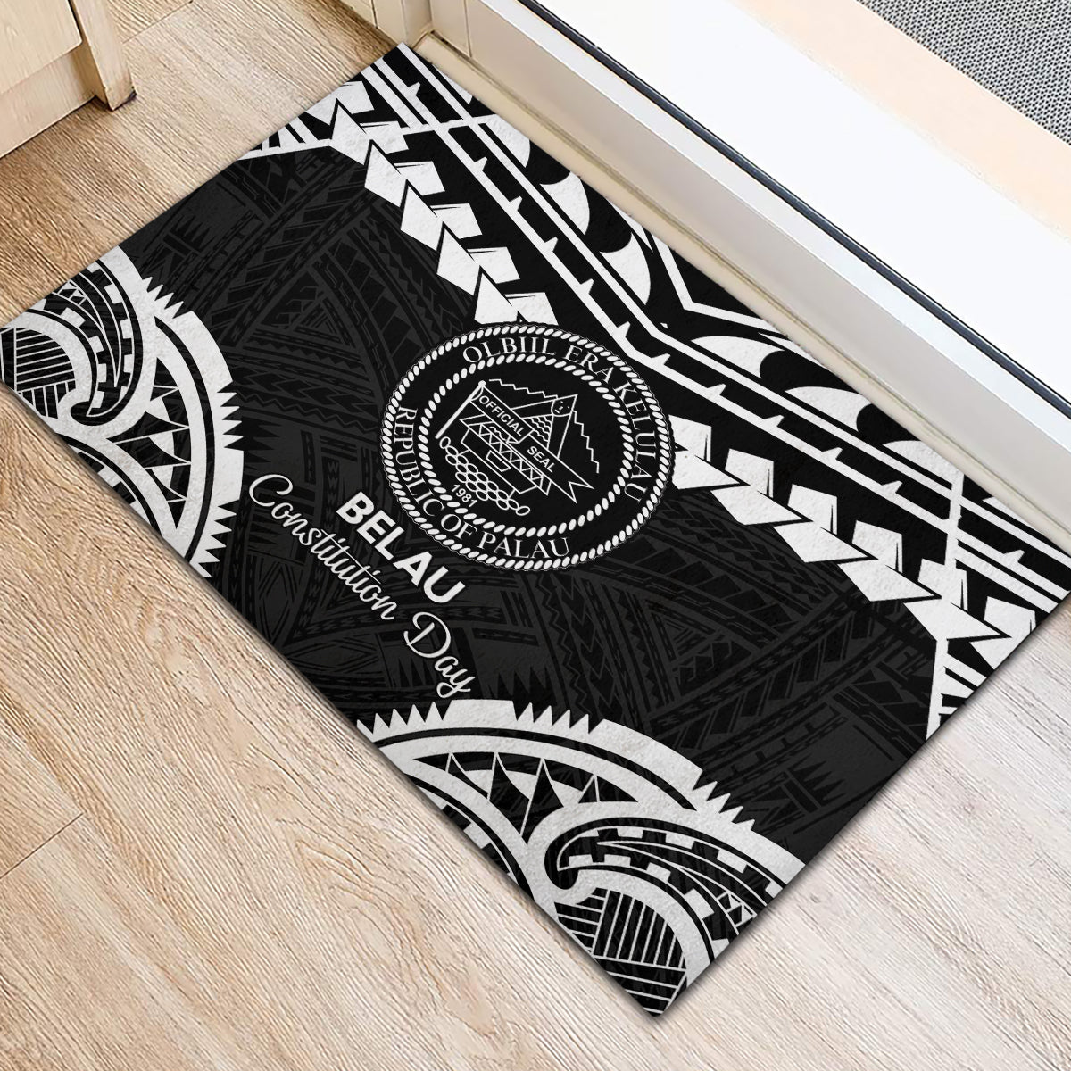 Palau Constitution Day Rubber Doormat Belau Seal With Polynesian Pattern - Black LT14 - Polynesian Pride