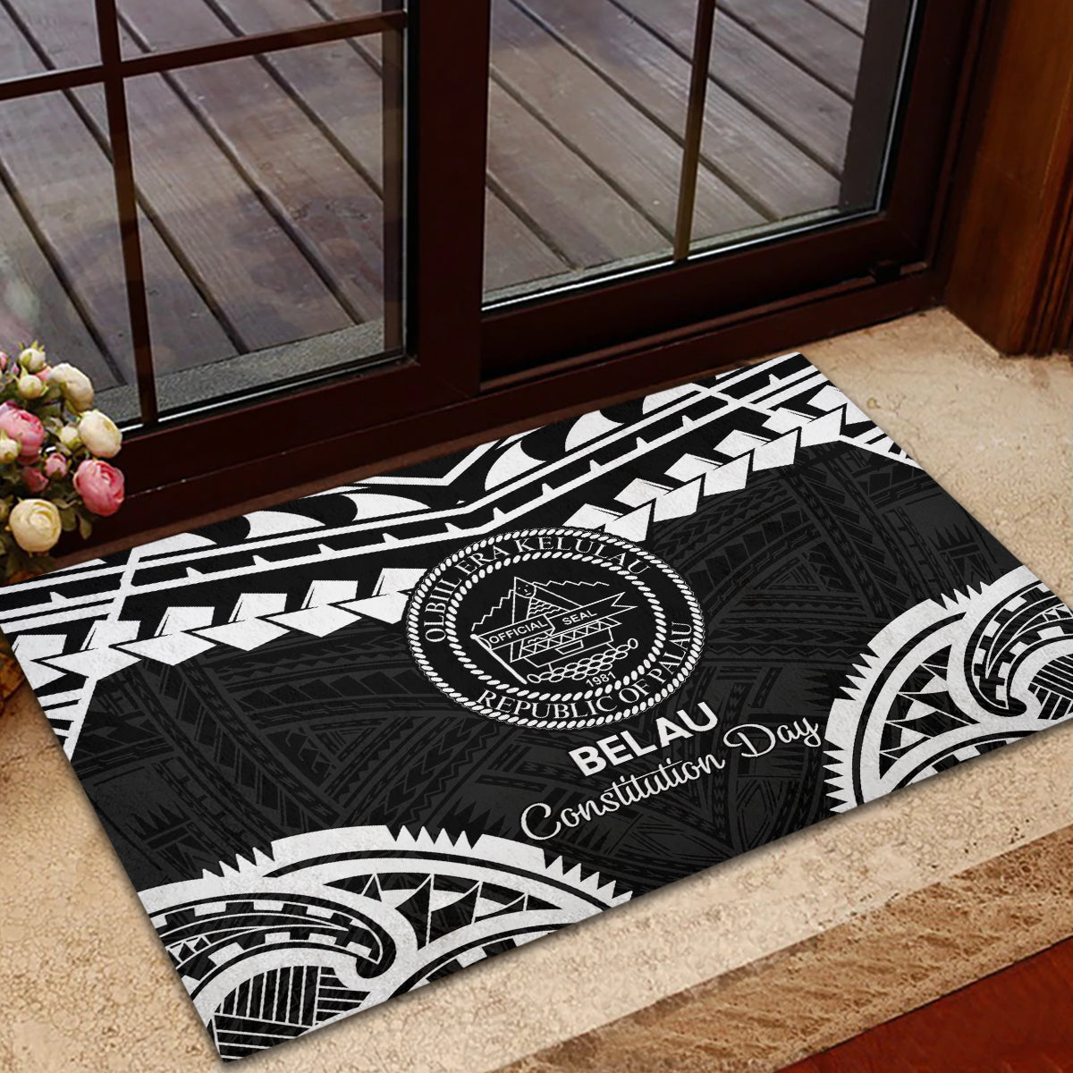 Palau Constitution Day Rubber Doormat Belau Seal With Polynesian Pattern - Black LT14 - Polynesian Pride