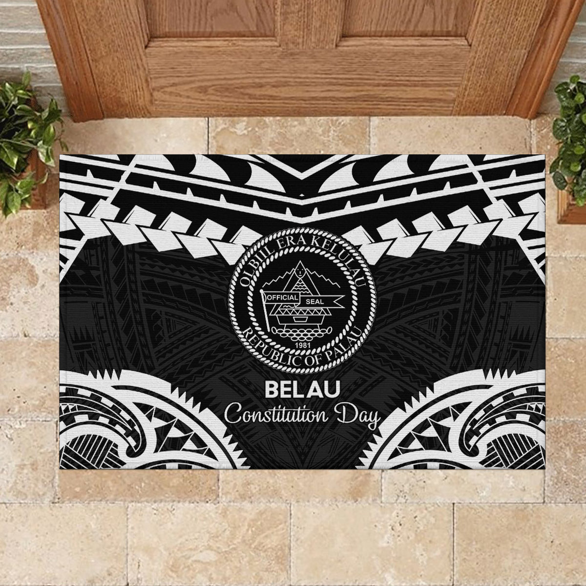 Palau Constitution Day Rubber Doormat Belau Seal With Polynesian Pattern - Black LT14 - Polynesian Pride