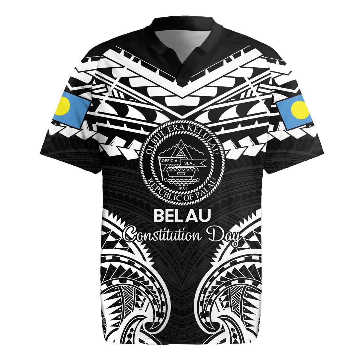 Palau Constitution Day Rugby Jersey Belau Seal With Polynesian Pattern - Black
