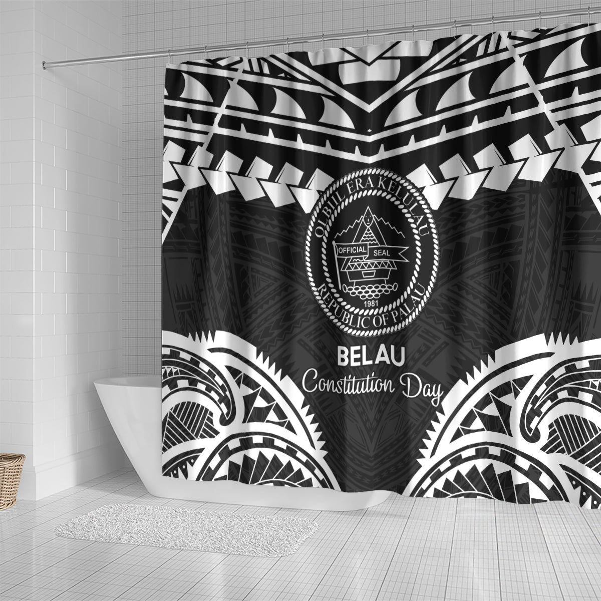 Palau Constitution Day Shower Curtain Belau Seal With Polynesian Pattern - Black
