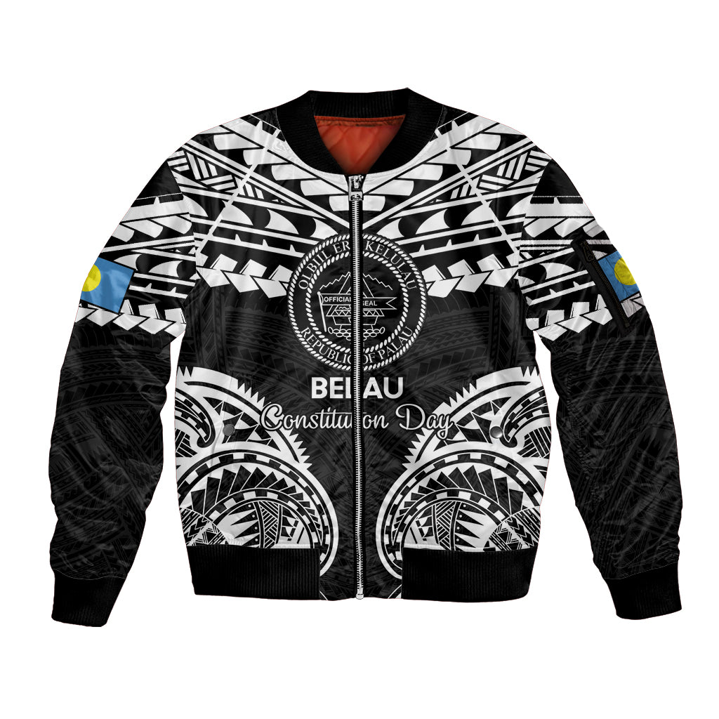 Palau Constitution Day Sleeve Zip Bomber Jacket Belau Seal With Polynesian Pattern - Black