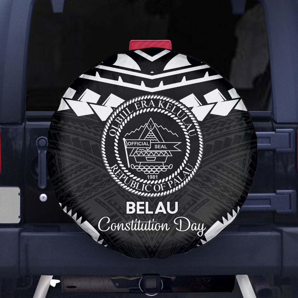 Palau Constitution Day Spare Tire Cover Belau Seal With Polynesian Pattern - Black
