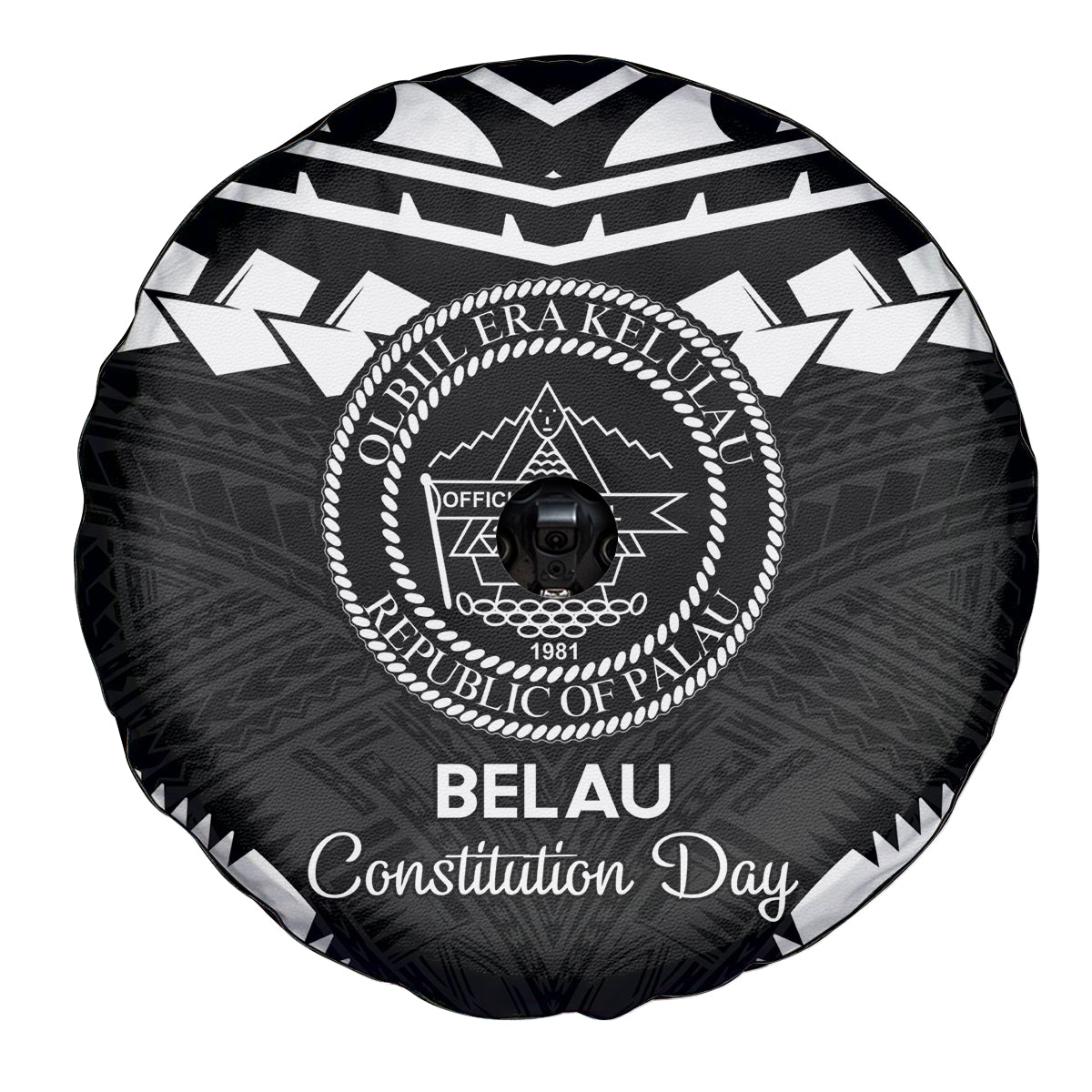 Palau Constitution Day Spare Tire Cover Belau Seal With Polynesian Pattern - Black
