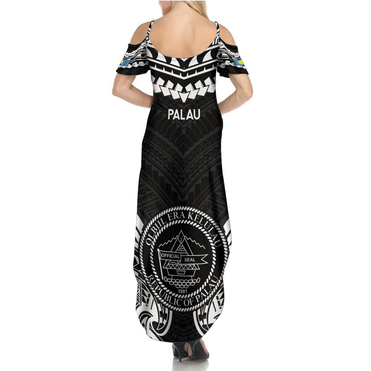 Palau Constitution Day Summer Maxi Dress Belau Seal With Polynesian Pattern - Black LT14 - Polynesian Pride